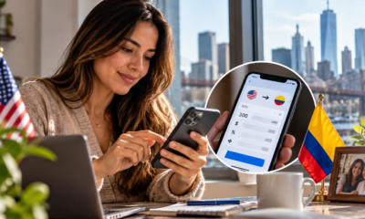Persona realizando una transferencia de dinero desde Estados Unidos hacia Colombia.