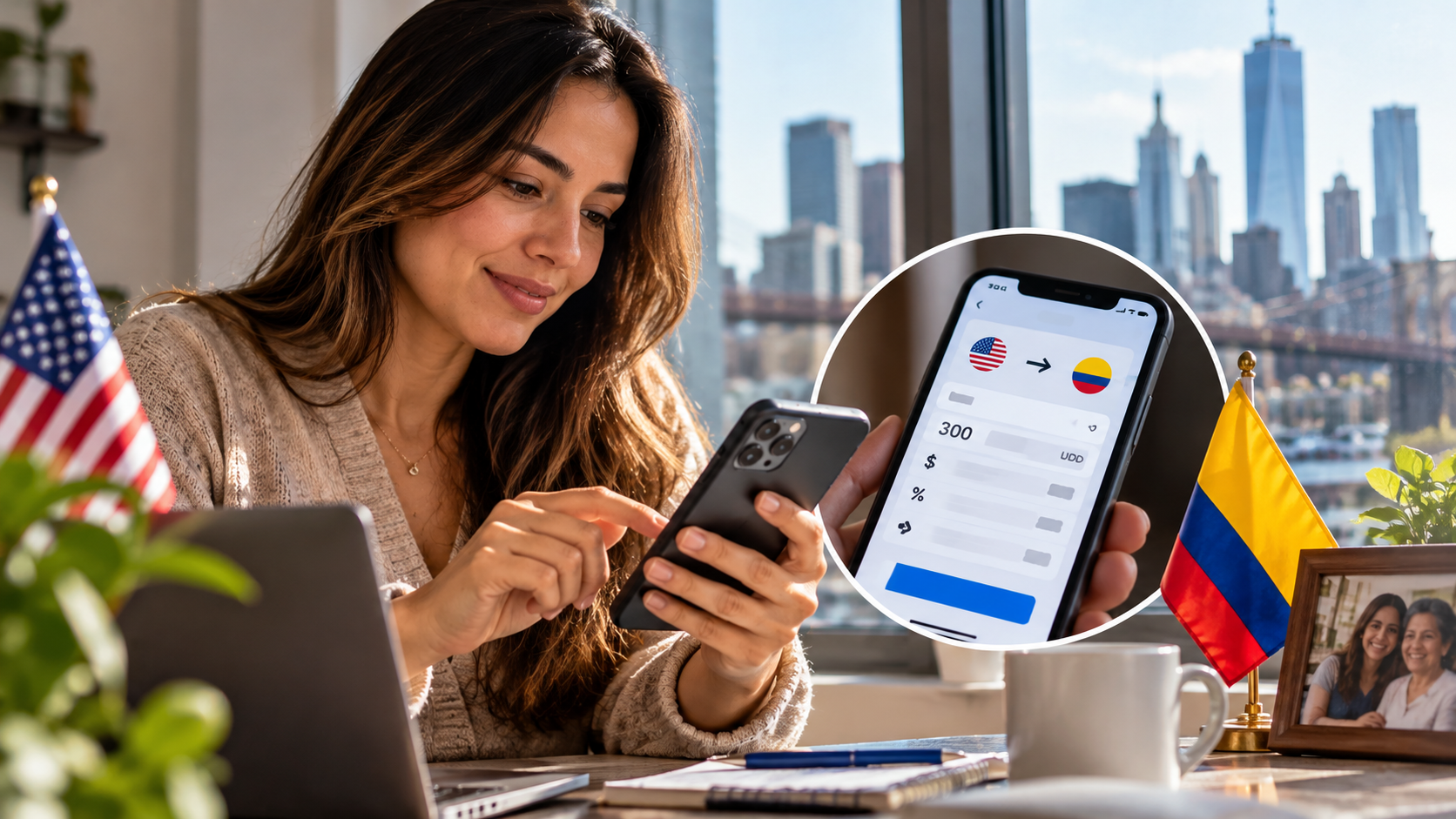 Persona realizando una transferencia de dinero desde Estados Unidos hacia Colombia.